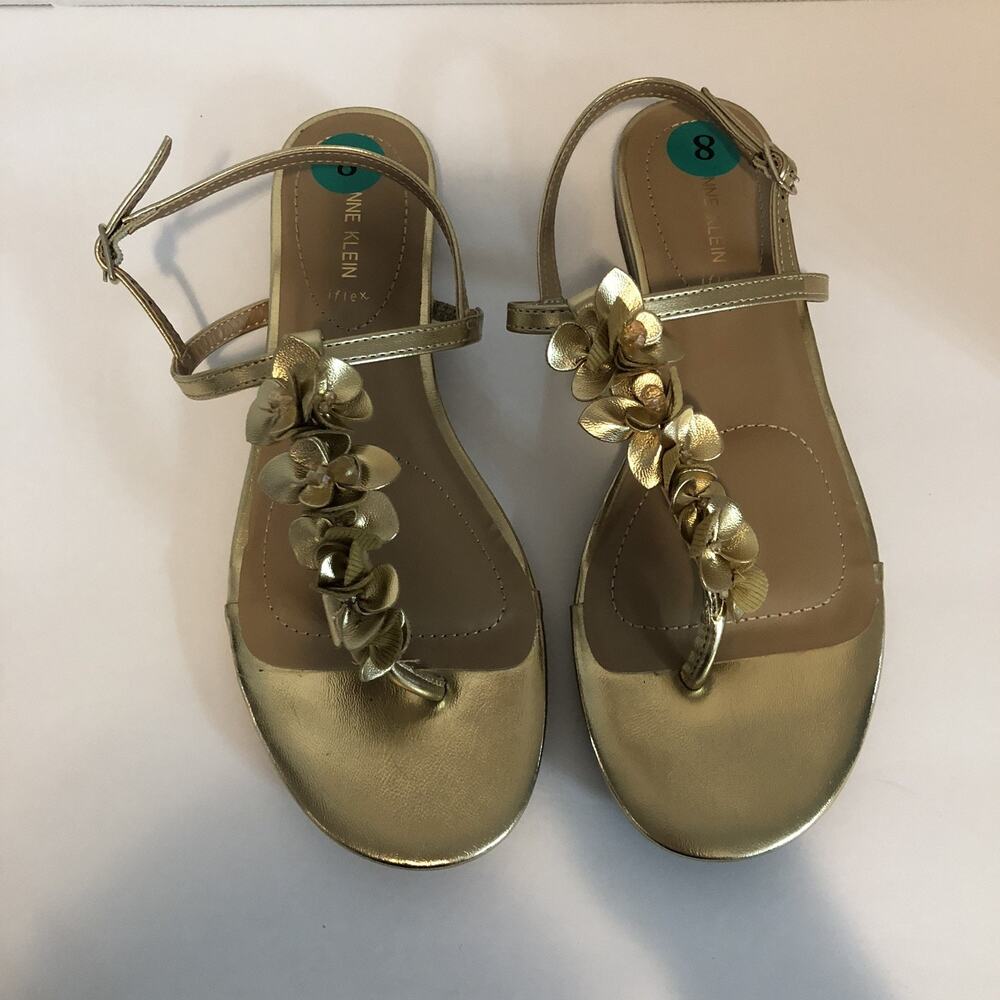 Anne Klein iflex Sandals‎ 8M Gold Flowers Akflavia Flip Flops Strap Shoes Boho